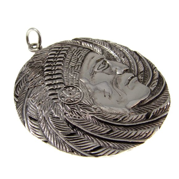 Handcrafted Solid 925 Sterling Silver Large Indian Chief with Headdress Pendant - Picture 4 of 6
